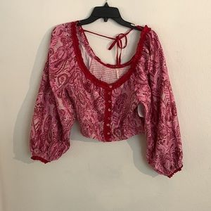 Free People Dare Me Velvet cropped blouse pink with red trim balloon sleeves